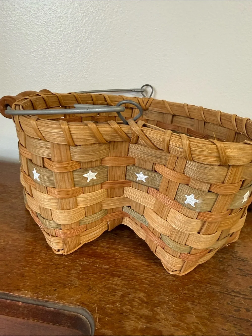 Vintage Heart Shaped Handwoven Basket w/ Wood Handle with painted stars